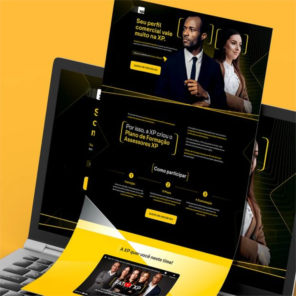 Landing page de perfil comercial da XP Investimentos, projeto da F. Design